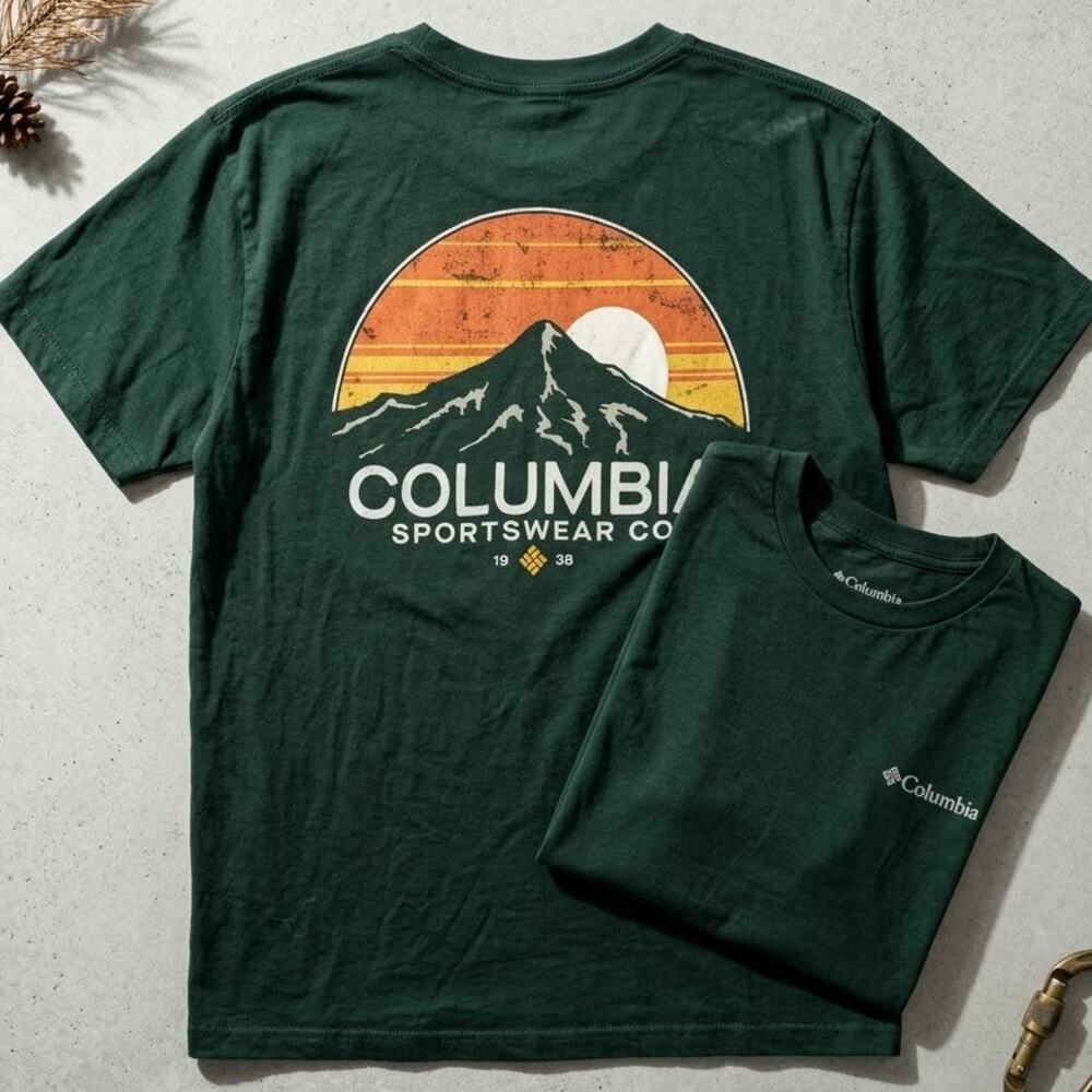 Columbia Sportswear Retro Mountain Sunset Graphic T-Shirt Men's Large Green